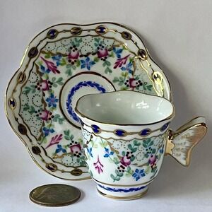 Past Times Miniature Cup & Saucer with Butterfly Handle Vintage Mini Porcelain